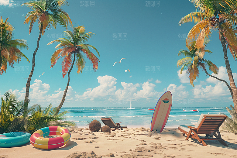 C4D海滩风光度假模型
