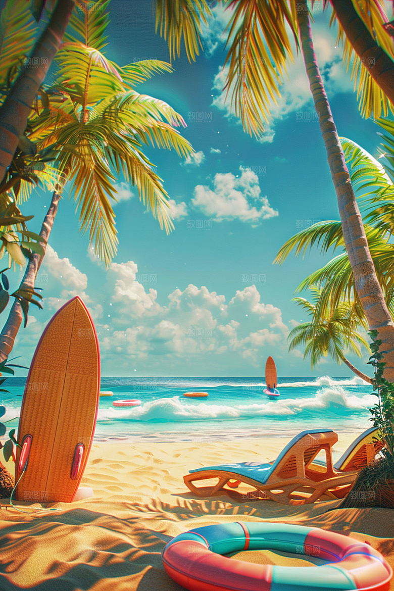 C4D海滩风光夏天模型