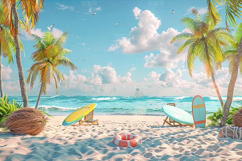 C4D海滩夏日度假模型