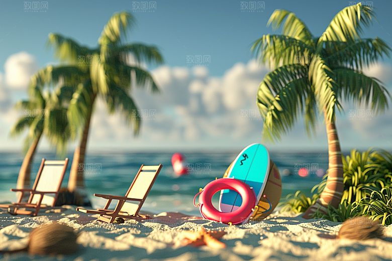 C4D海滩风光夏天模型
