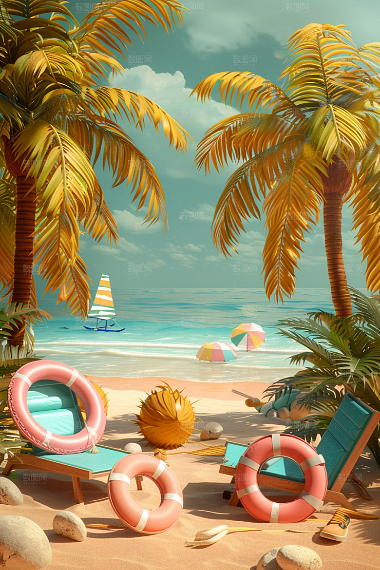 C4D海滩夏日自然模型