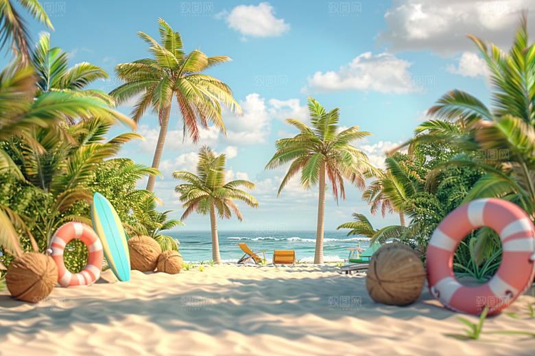 C4D海滩3D夏天模型