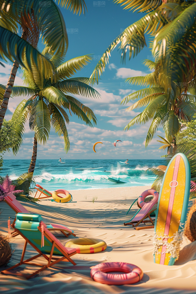C4D海滩夏天风光模型