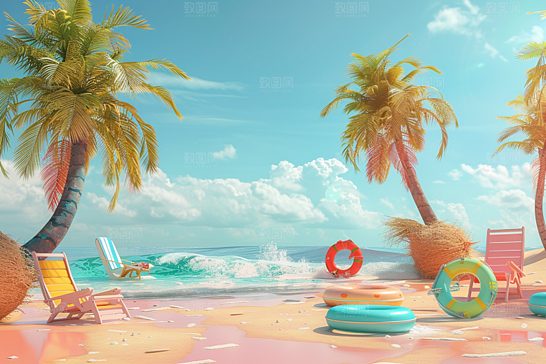 C4D海滩海岛旅游薄荷色模型