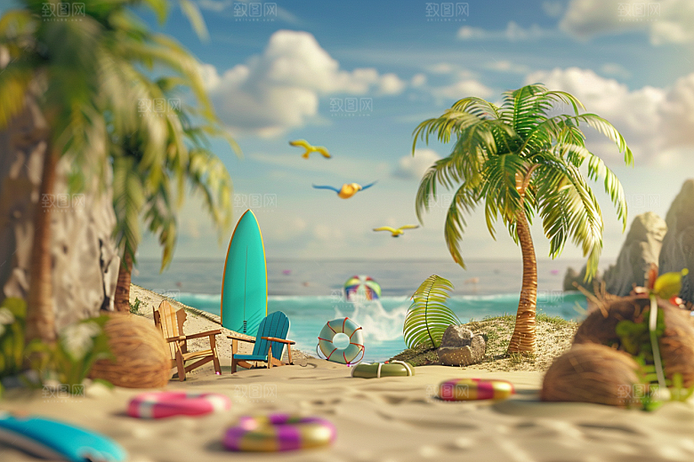 C4D海滩琉璃大海自然模型