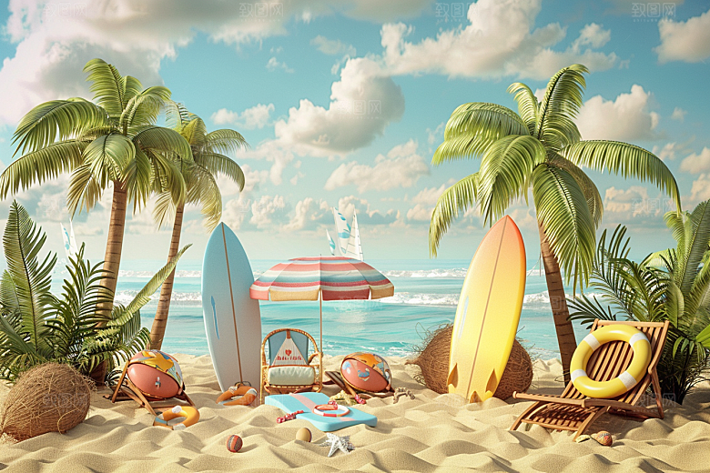 C4D海滩夏日立体模型