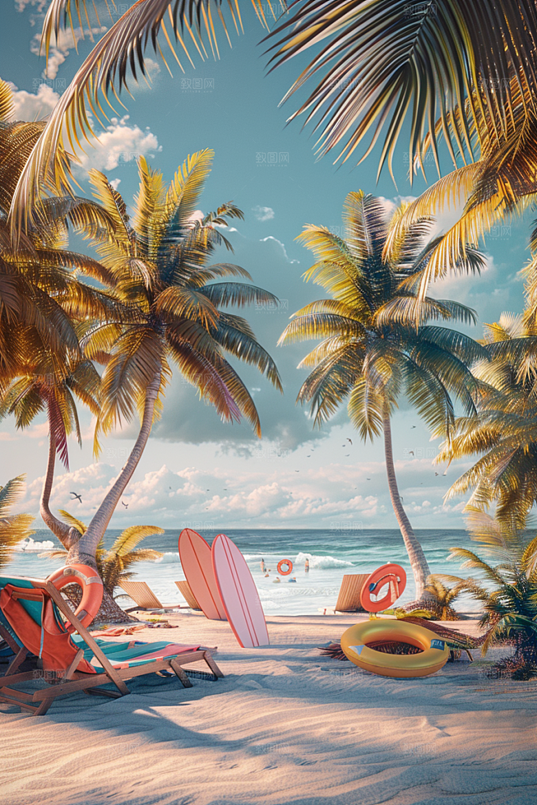 C4D海滩夏天大海模型