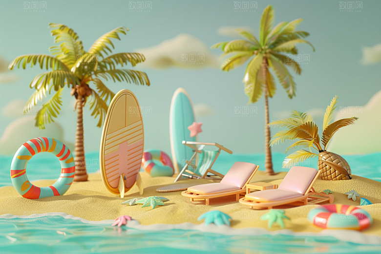 C4D海滩高清夏日模型
