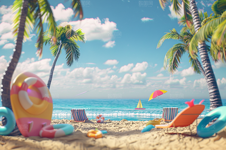 C4D海滩夏天琉璃大海模型