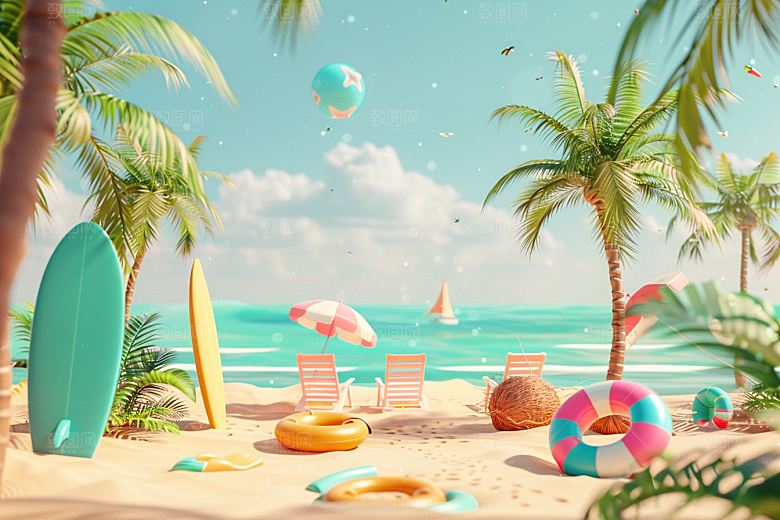 C4D海滩大海夏天模型