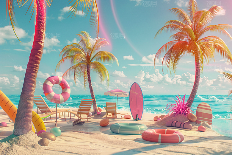 C4D海滩度假夏日模型