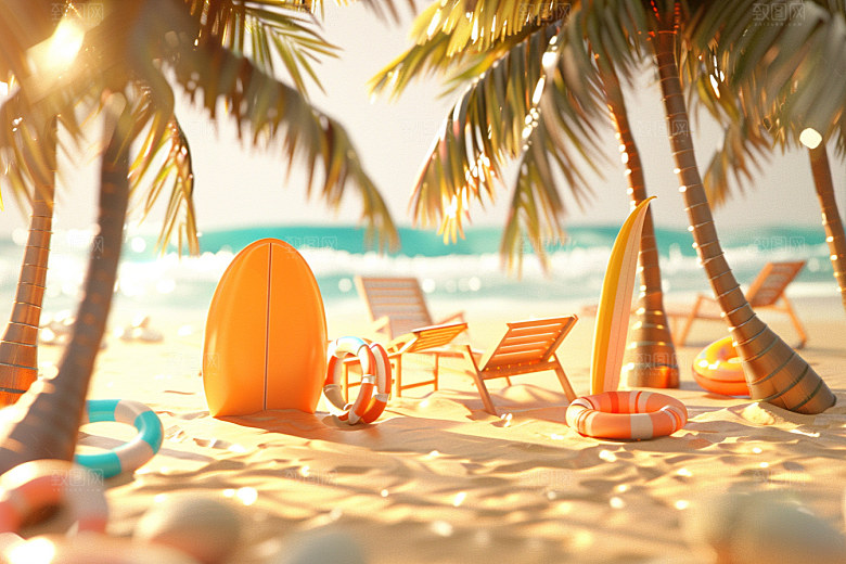 C4D海滩风光夏日模型