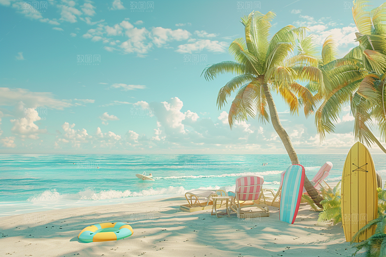 C4D海滩立体夏天模型