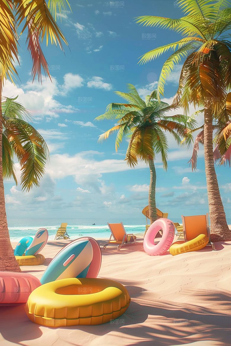 C4D海滩3D夏日模型