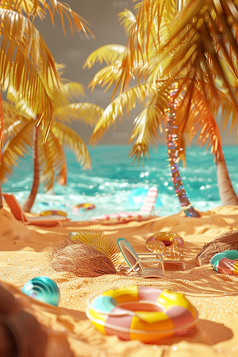 C4D海滩自然夏天模型