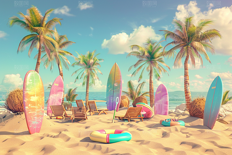 C4D海滩琉璃大海夏天模型