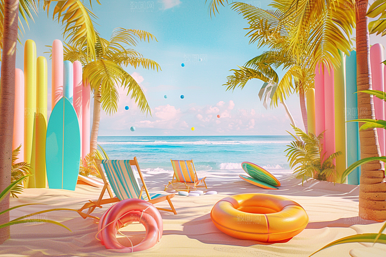 C4D海滩3D薄荷色模型