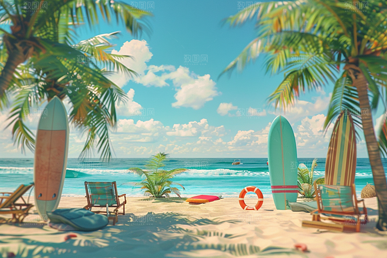 C4D海滩夏天夏日模型