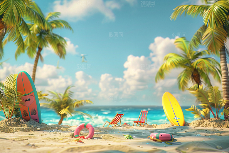 C4D海滩风光立体模型