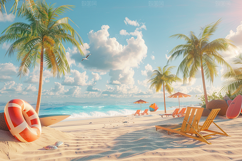 C4D海滩高清夏日模型