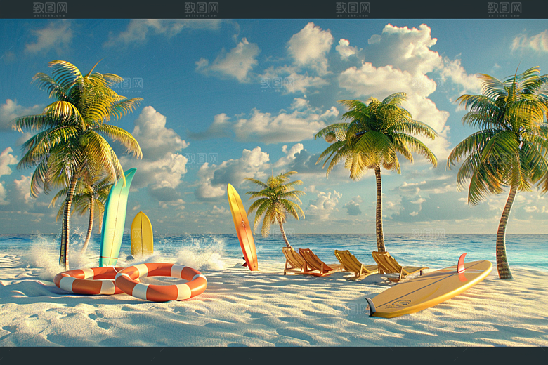 C4D海滩高清夏日模型