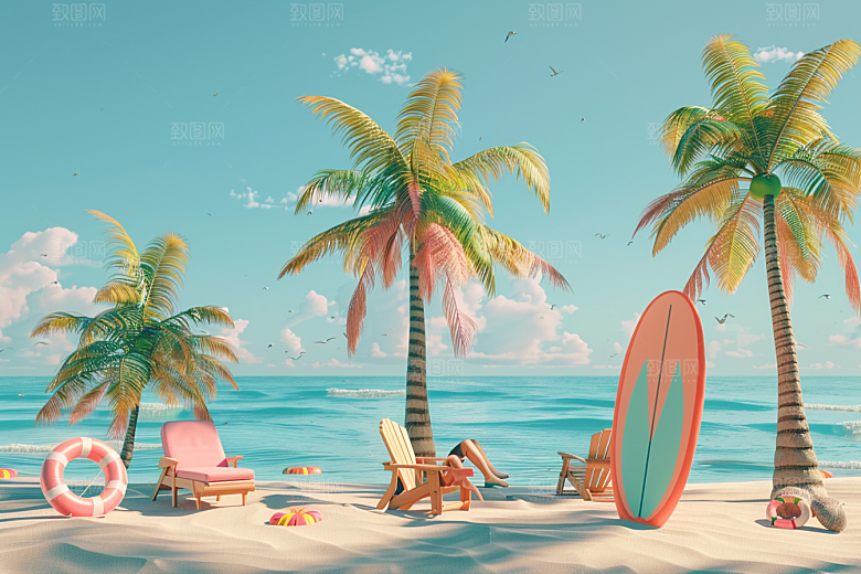 C4D海滩3D琉璃大海模型