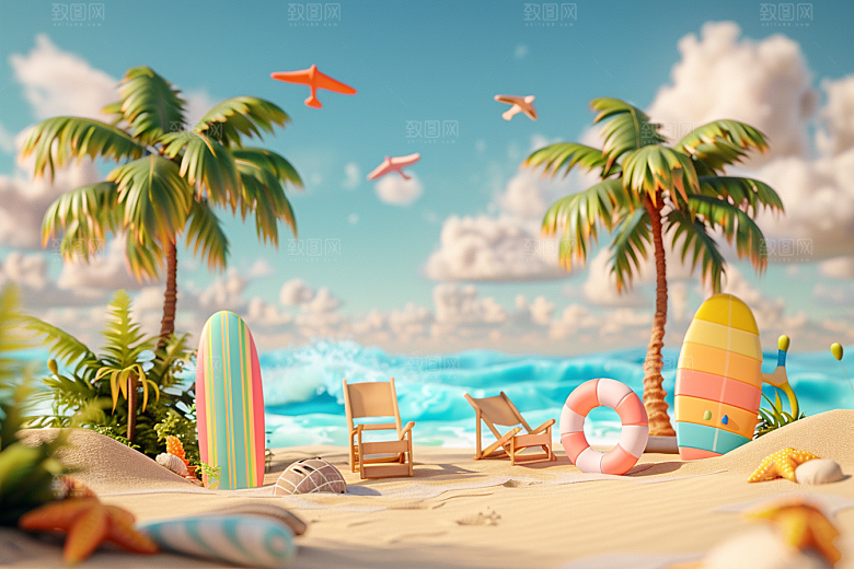 C4D海滩薄荷色沙滩模型