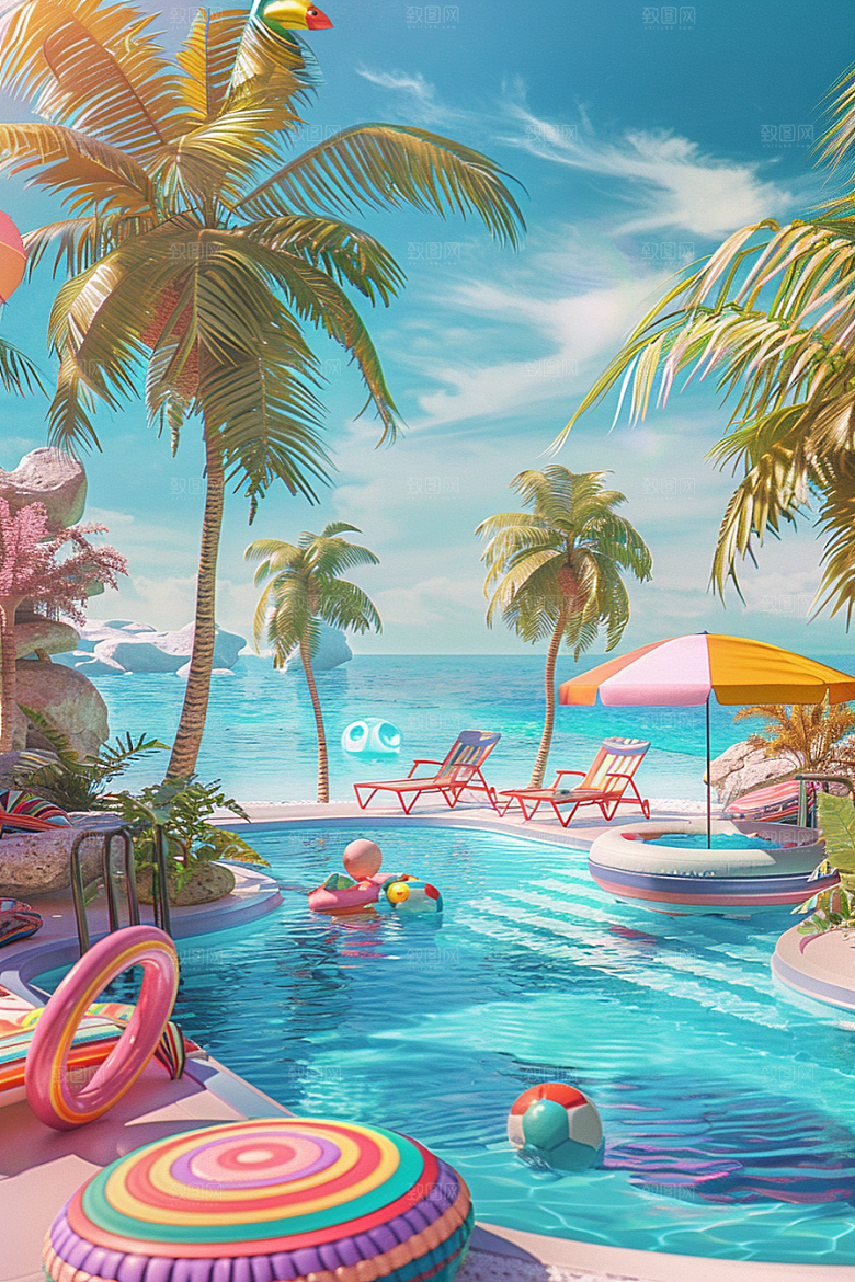C4D海滩夏天琉璃大海模型