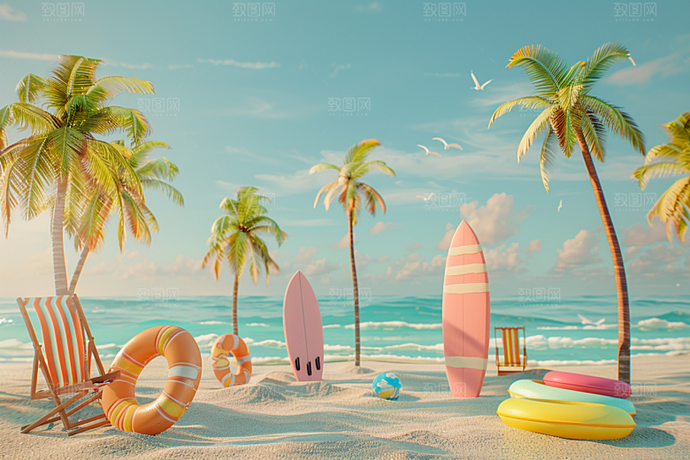 C4D海滩琉璃大海海岛旅游模型