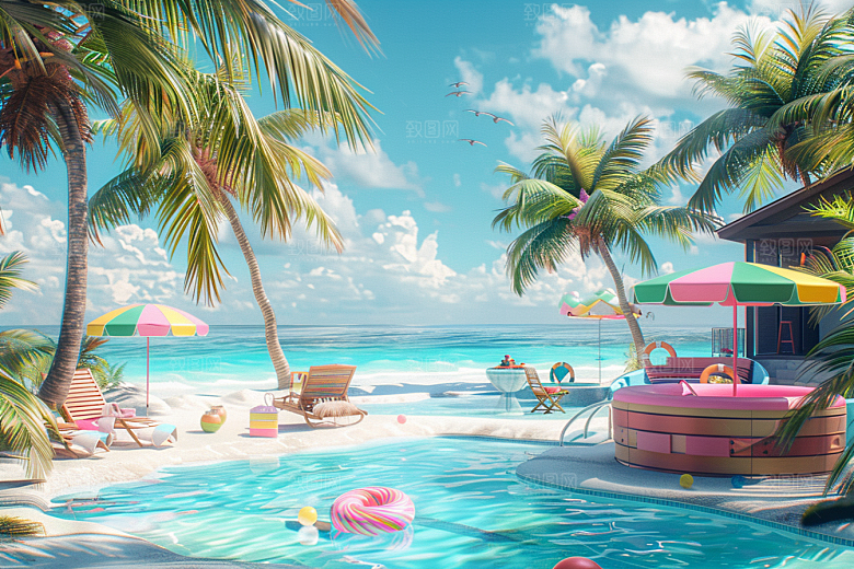 C4D海滩自然3D模型