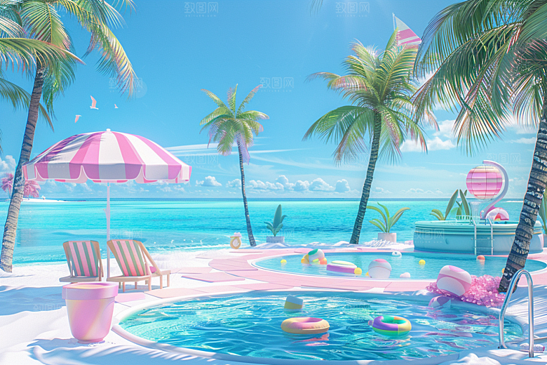 C4D海滩琉璃大海夏天模型