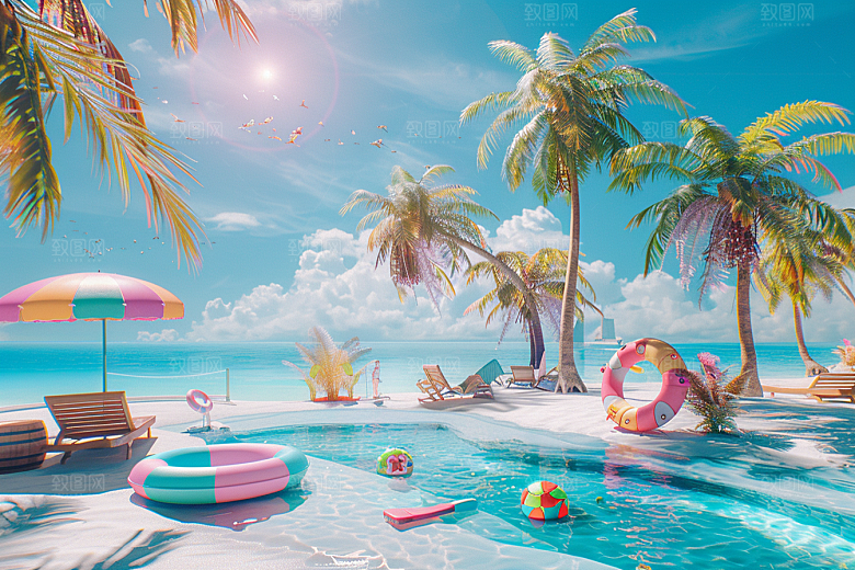 C4D海滩沙滩夏日模型