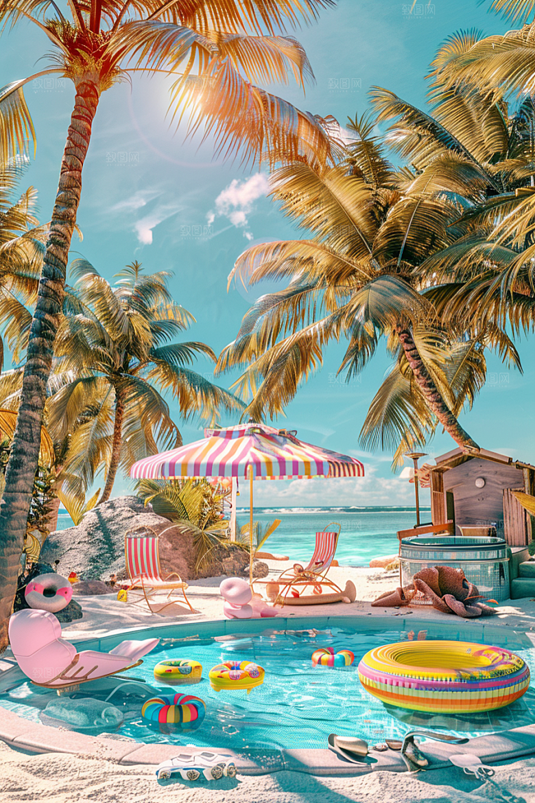 C4D海滩立体夏日模型