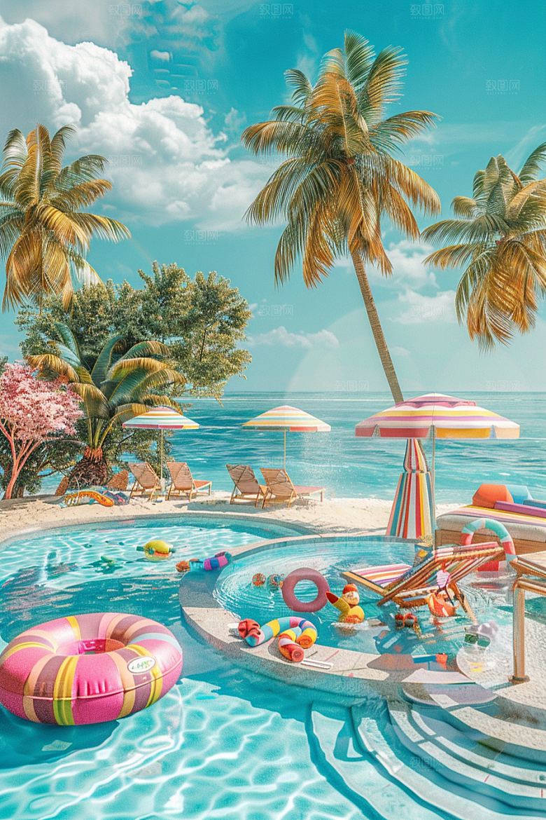 C4D海滩3D琉璃大海模型
