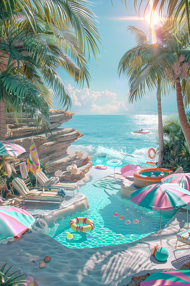 C4D海滩夏天夏日模型