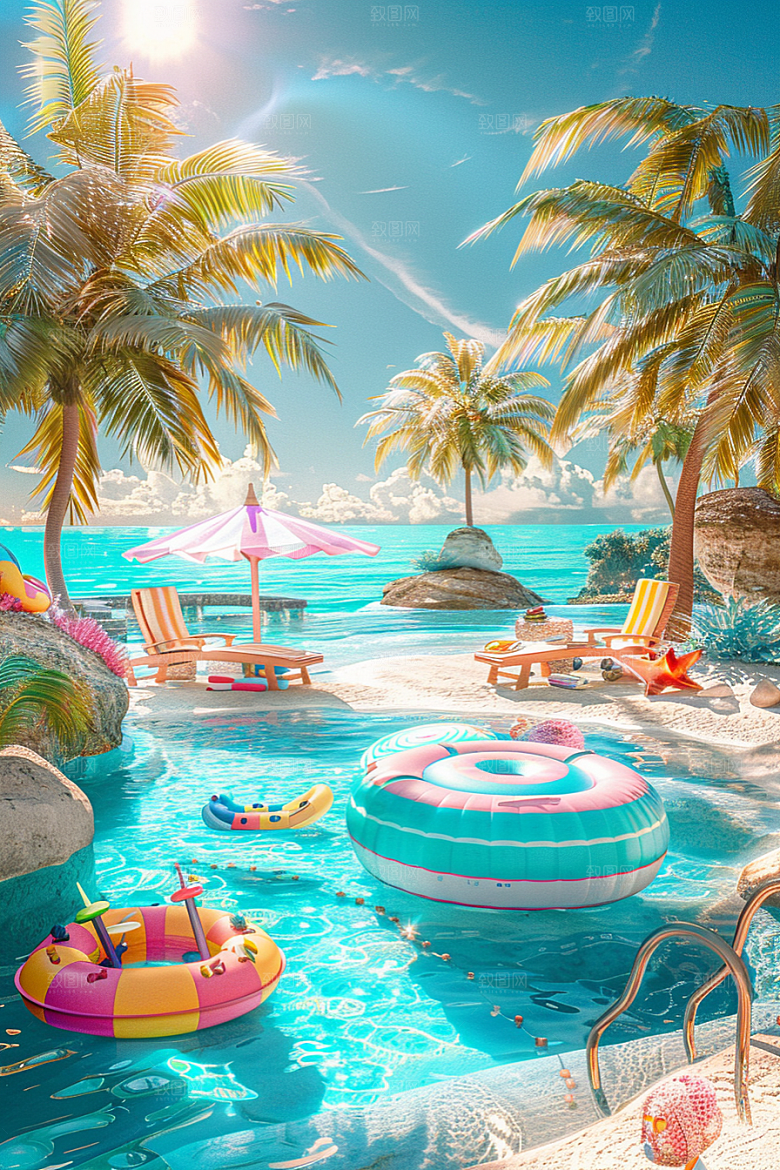 C4D海滩夏日大海模型
