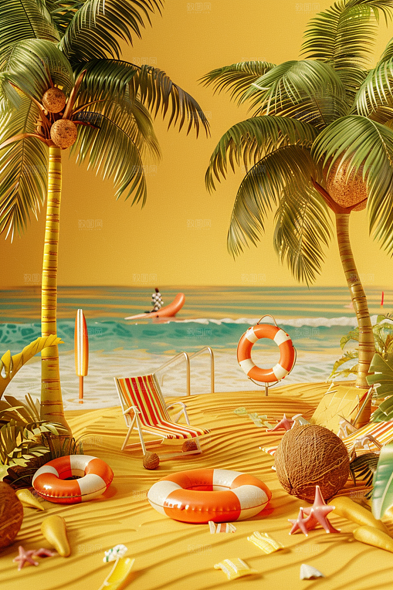 C4D海滩度假夏天模型