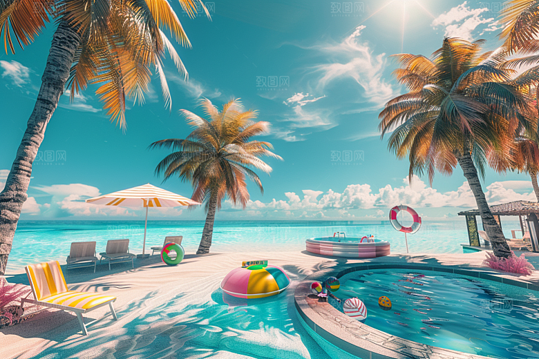 C4D海滩大海度假模型