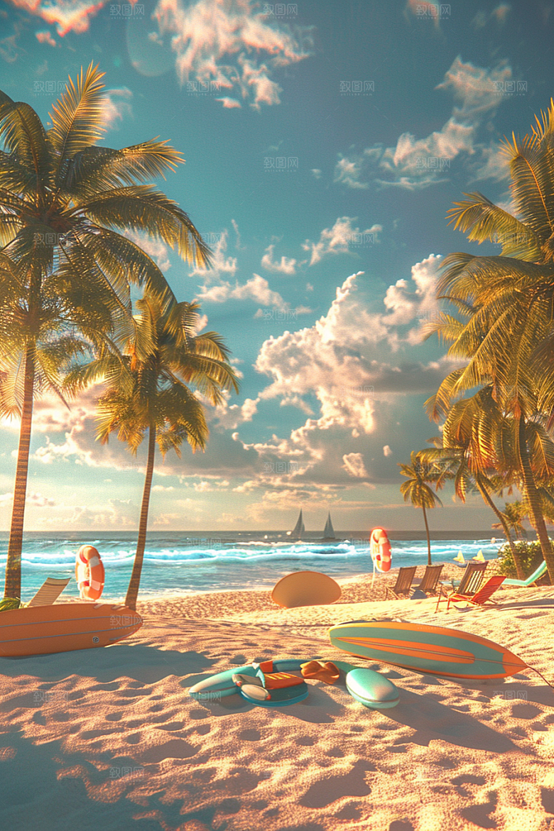 C4D海滩高清3D模型