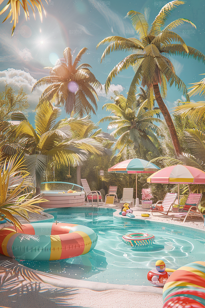 C4D海滩立体夏日模型