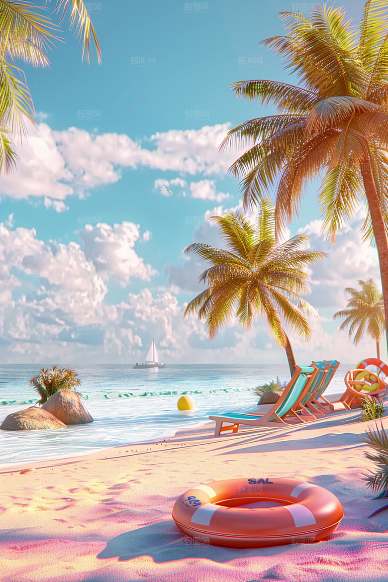 C4D海滩琉璃大海立体模型