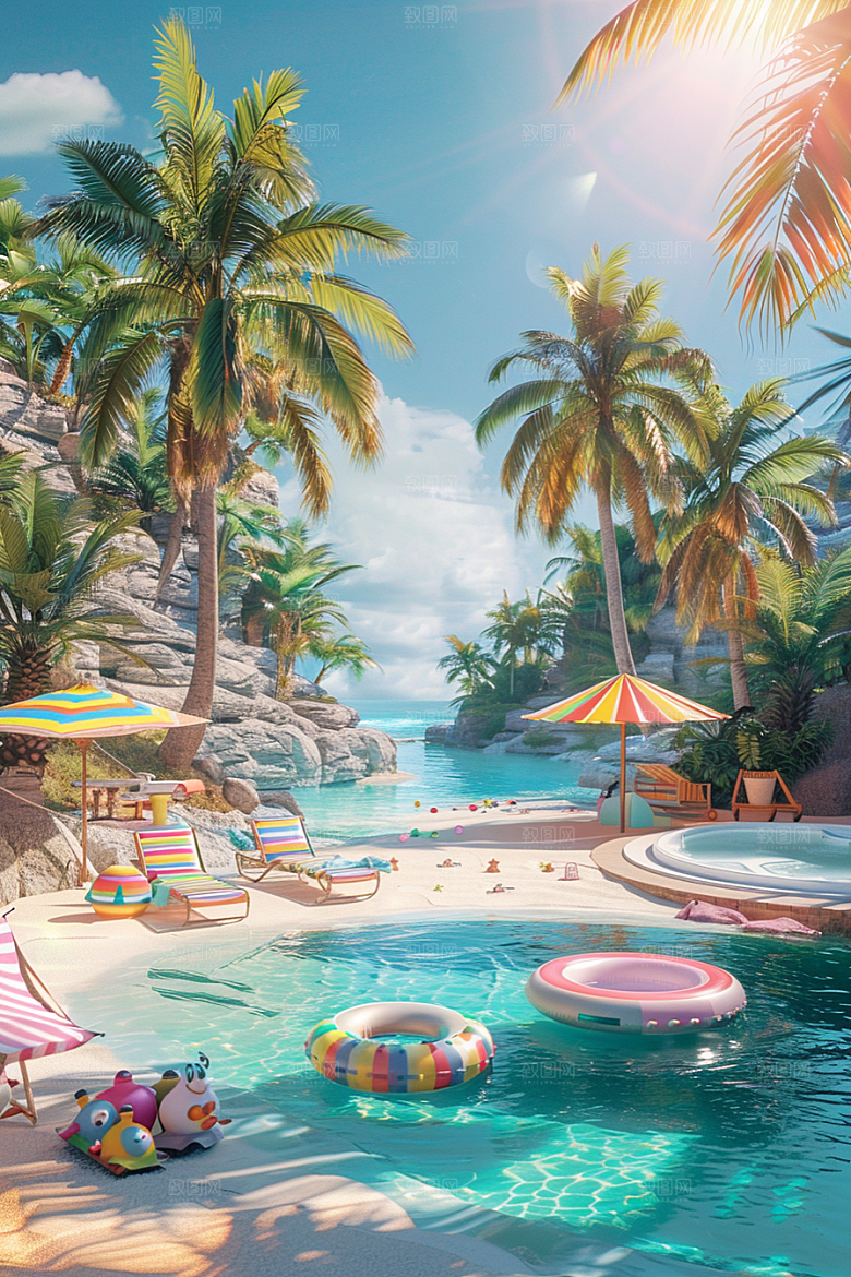 C4D海滩3D夏日模型