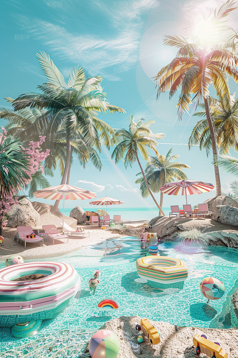 C4D海滩度假夏天模型