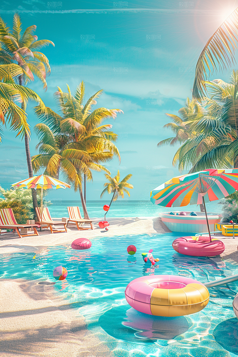 C4D海滩立体夏日模型