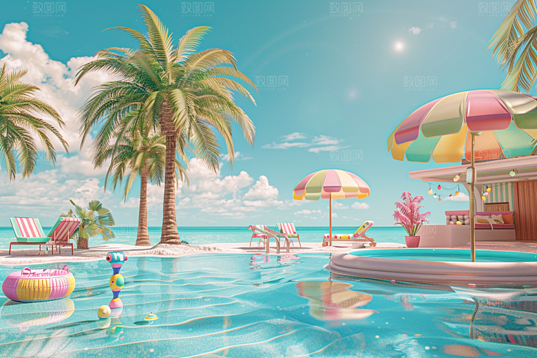 C4D海滩度假夏日模型