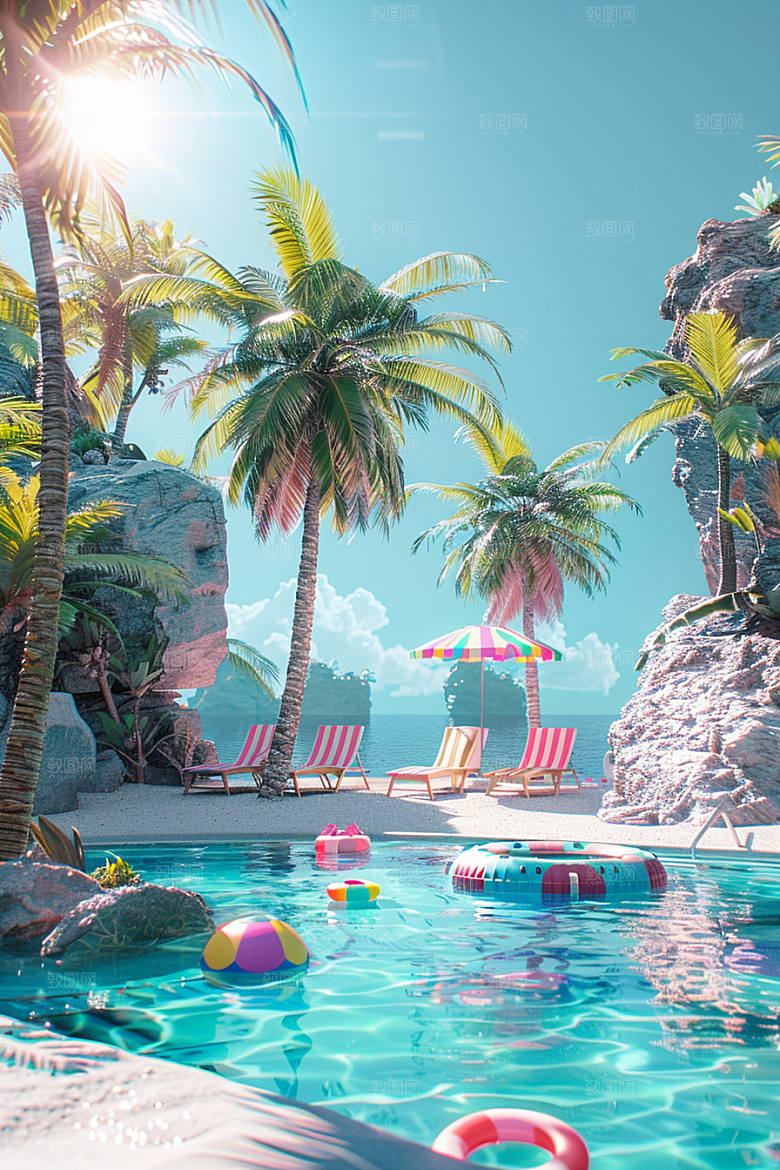 C4D海滩自然夏日模型