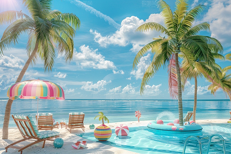 C4D海滩琉璃大海度假模型
