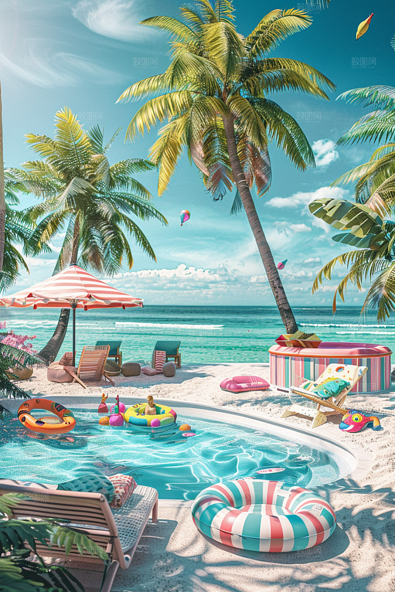 C4D海滩夏天度假模型