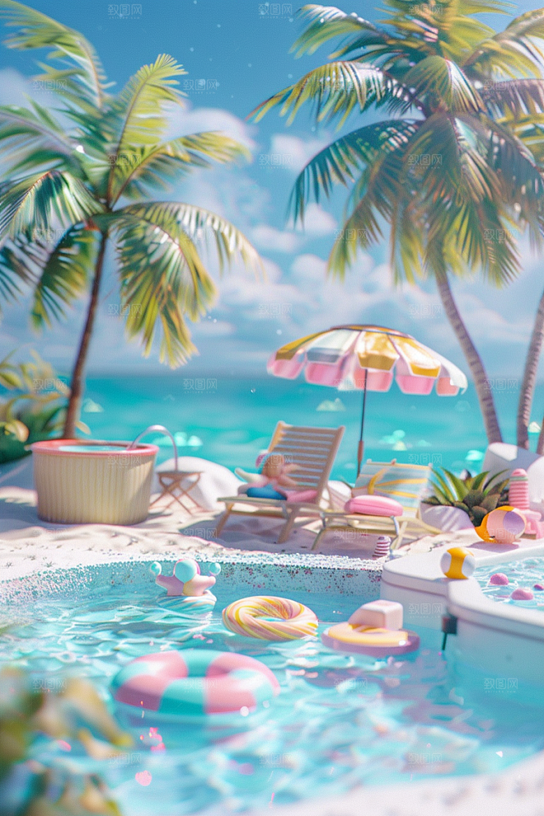 C4D海滩夏日海岛旅游模型