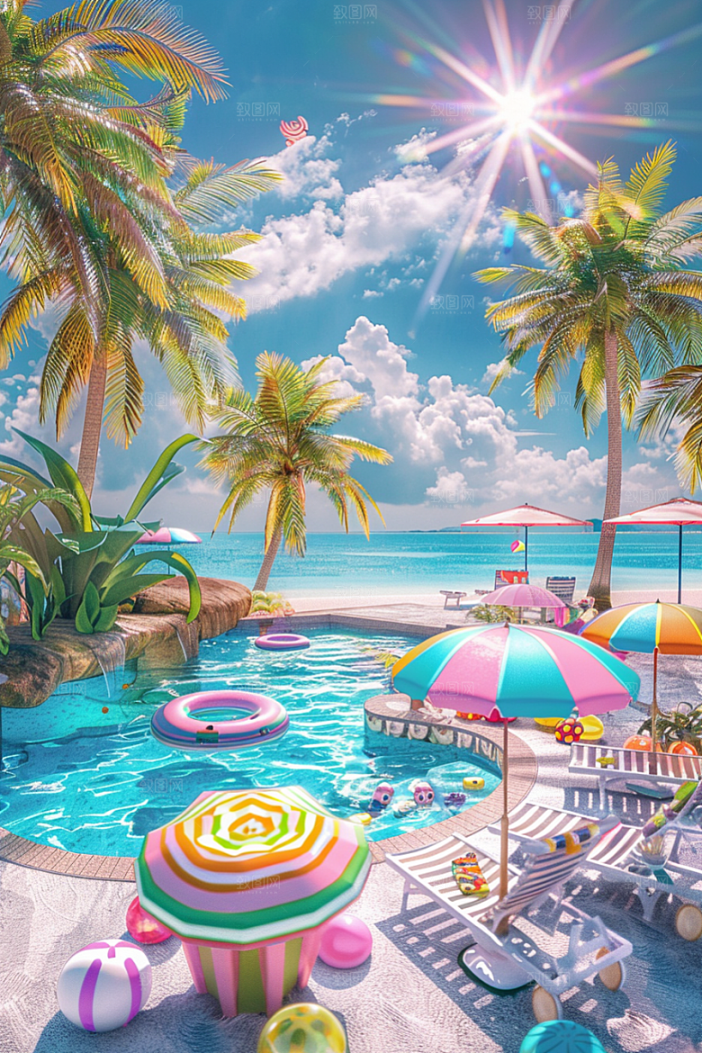 C4D海滩琉璃大海度假模型